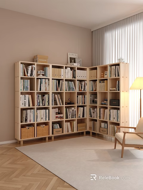 L shaped Wooden Bookshelf With Books Folders Decorative Items And Wicker Baskets In Cozy Room 3d model 
