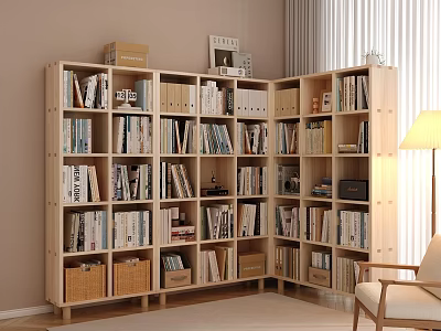 L shaped Wooden Bookshelf With Books Folders Decorative Items And Wicker Baskets In Cozy Room 3d model