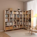 L shaped Wooden Bookshelf With Books Folders Decorative Items And Wicker Baskets In Cozy Room