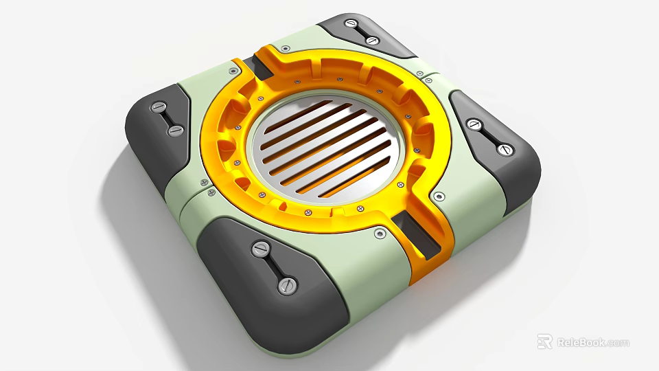 Industrial Equipment Square Design With Green Gray Body And Yellow Circular Striped Grille 3d model 
