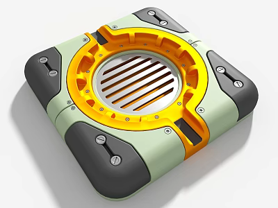 Industrial Equipment Square Design With Green Gray Body And Yellow Circular Striped Grille 3d model