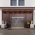 Elegant Entrance Gate Of White Building With Glass Door Stone Lion Statues And Green Shrubs