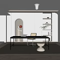 Modern Minimalist Study Room With Black Desk Chair Open Shelving Flower Vase And Gray Rug