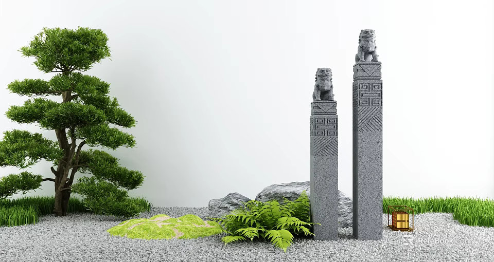 Karesansui Garden Design With Stone Lion Pillars Pine Tree Moss And Pebbles 3d model 