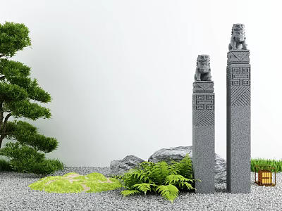 Karesansui Garden Design With Stone Lion Pillars Pine Tree Moss And Pebbles 3d model