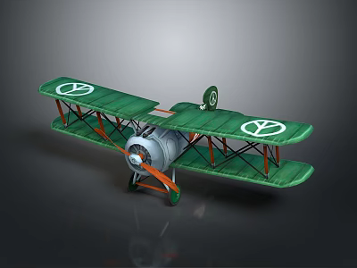 Green Biplane Model With White Peace Symbols And Orange Details On Dark Background 3d model