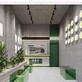 Modern Milk Tea Shop Interior With Green Elements Circular Lights And Plants 3d model