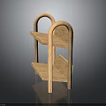 Wooden Two Tier Shelf With Curved Armrests And Light Wood Tone On Black Reflective Surface