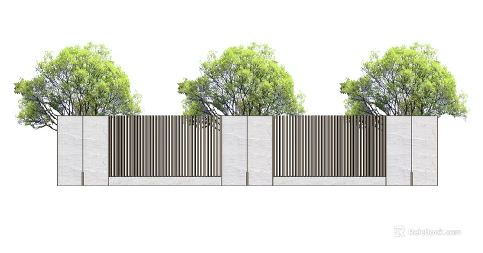 Minimalist Modern Building Facade With Stone Walls Vertical Metal Strips And Green Plants 3d model 