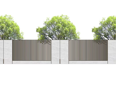 Minimalist Modern Building Facade With Stone Walls Vertical Metal Strips And Green Plants 3d model