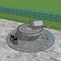 Rural Landscape Featuring Stone Mill Wooden Barrels Stone Table Green Plants And Stone Pavement