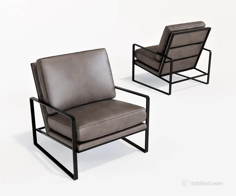 Modern Single Sofa With Gray Leather Upholstery Armrests And Black Metal Frame 3d model 