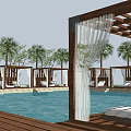 Modern pavilion rest pavilion pool side rest pavilion pergola tourism vacation pool hot spring pool lounge chair health gauze curtain pavilion 3d model