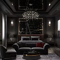 Dark Modern Bedroom Interior Design With Chandelier Wardrobe Dressing Table And Upholstered Bed
