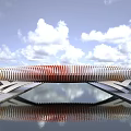 Scenic Modern Landscape Bridge With Orange White Striped Design Spanning Water And Reflection