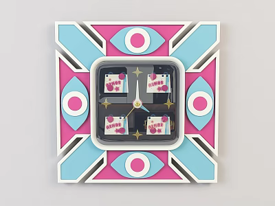 Geometric Framed Clock With Pink Blue White Colors Small Cards LOVE Letters And Star Decorations 3d model
