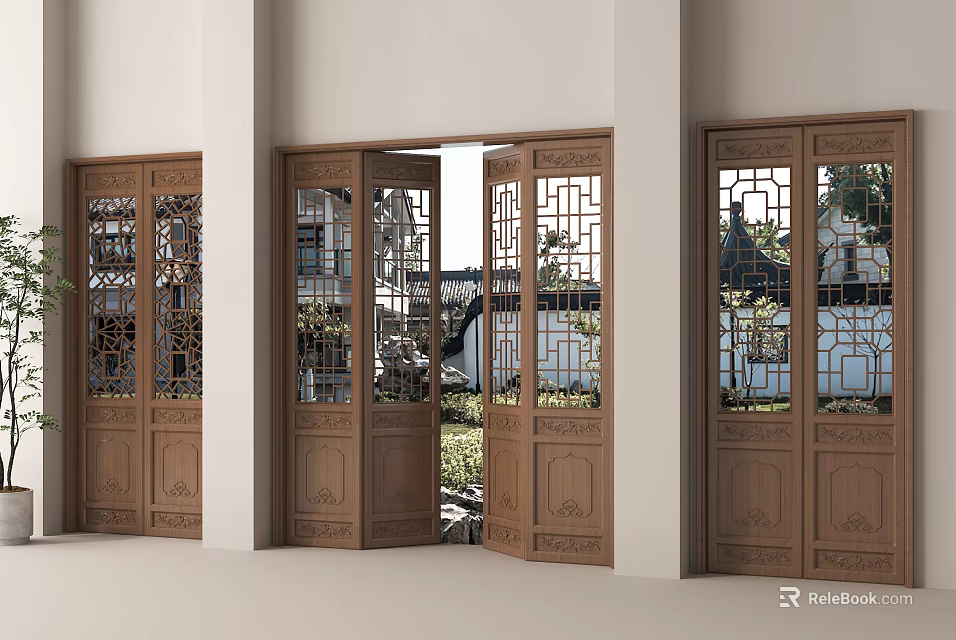 Traditional Wooden Doors With Intricate Carved Patterns Open To Courtyard View 3d model 