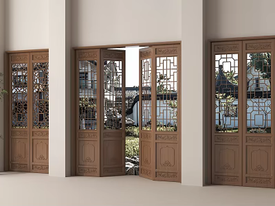 Traditional Wooden Doors With Intricate Carved Patterns Open To Courtyard View 3d model