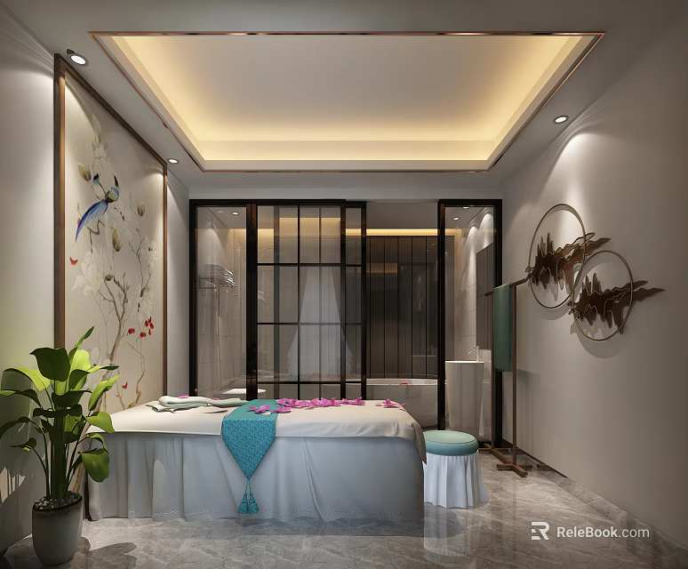 SPA Sauna Room Interior With Massage Bed Towels Green Plant And Decorative Art 3d model 