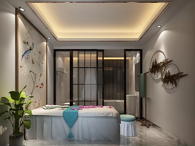 SPA Sauna Room Interior With Massage Bed Towels Green Plant And Decorative Art 3d model