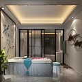 SPA Sauna Room Interior With Massage Bed Towels Green Plant And Decorative Art