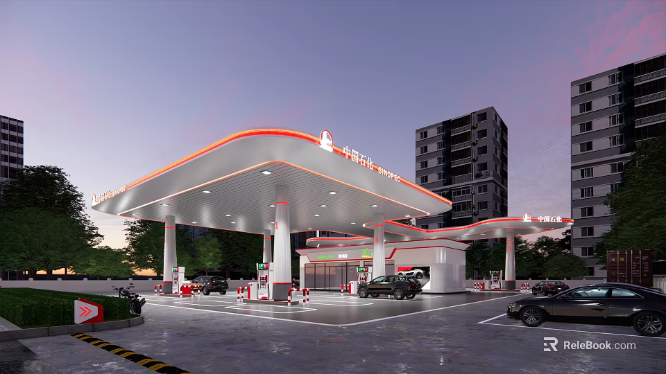 Modern CNPC Gas Station With Red Accent Canopy Parked Vehicles And High Rise Buildings 3d model 