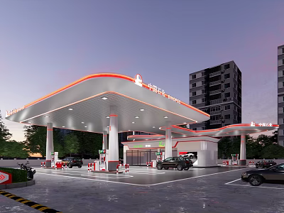 Modern CNPC Gas Station With Red Accent Canopy Parked Vehicles And High Rise Buildings 3d model