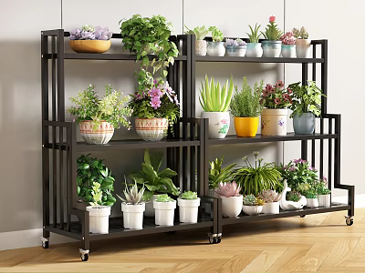 Multi tiered Mobile Plant Stand with Various Potted Greenery and Flowers for Indoor Garden Accents 3d model