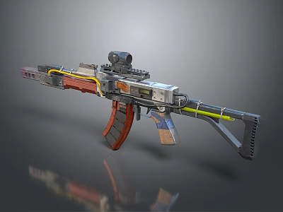 Futuristic Tactical Rifle With Scope Red Wooden Grip Metal Components And Yellow Accents 3d model