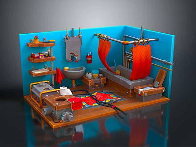 3D Cartoon Bathroom Scene With Colorful Shelves Sink Towels Bathtub Rug And Wooden Floor 3d model
