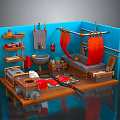 3D Cartoon Bathroom Scene With Colorful Shelves Sink Towels Bathtub Rug And Wooden Floor