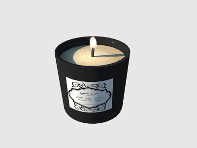 Black Cylindrical Candle Lamp with Lit Flame and White Decorative Label for Home Decor 3d model