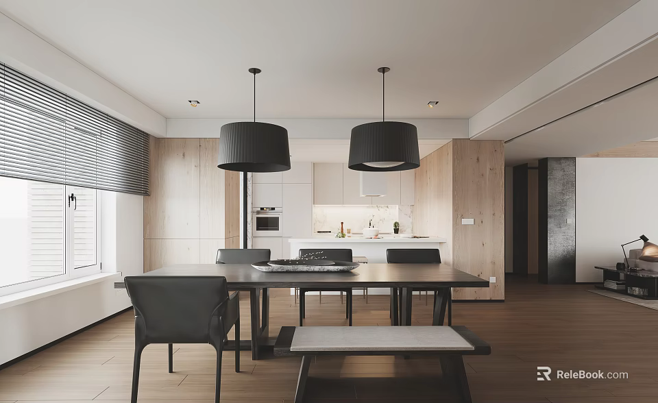 Modern Restaurant Interior With Open Kitchen Design Black Pendant Lights And Wooden Dining Furniture 3d model 