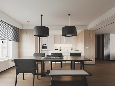 Modern Restaurant Interior With Open Kitchen Design Black Pendant Lights And Wooden Dining Furniture 3d model