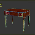 Elegant Red Wooden Desk with Gold Accents and Drawers on Slim Legs