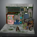 Vintage Urban Street Corner Scene With Old Wall Pink Vending Machine And Wooden Stall