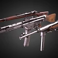 Vintage Rifles With Wooden Stocks And Metal Barrels On Dark Surface