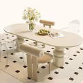 Modern Dining Table And Chairs Set With Oval Top Transparent Seats Beige Chairs On Checkered Rug