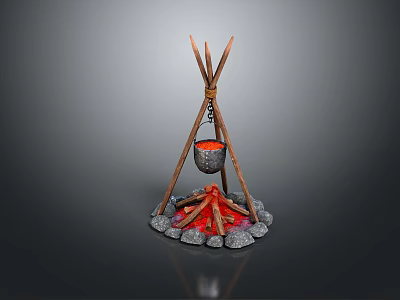 Wooden Tripod and Stone Fire Pit Setup with Hanging Pot and Burning Flames 3d model