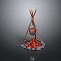 Wooden Tripod and Stone Fire Pit Setup with Hanging Pot and Burning Flames