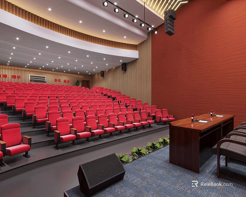 Modern Conference Hall Interior With Red Seats Wooden Walls Podium Table And Green Plants 3d model 