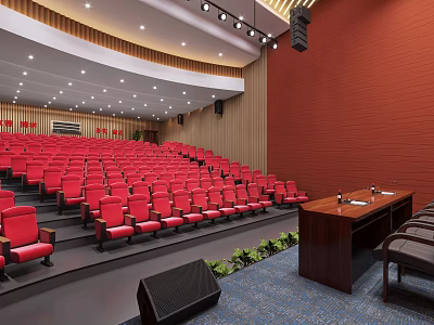 Modern Conference Hall Interior With Red Seats Wooden Walls Podium Table And Green Plants 3d model