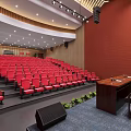 Modern Conference Hall Interior With Red Seats Wooden Walls Podium Table And Green Plants