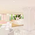 Modern Specialty Store Interior With White Curved Pillars Green Pink Shelves And Marble Floor