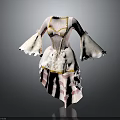 Elegant White Dress with Gold Trim and Lace Details Flared Bell Sleeves Layered Asymmetric Hem