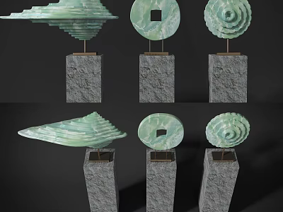 Modern Decorative Ornament Set With Stone Base And Unique Green Geometric Shapes For Home Interior 3d model
