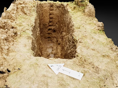 Archaeological Excavation Pit Site With Dry Grass And Label Showing Arrow 3d model