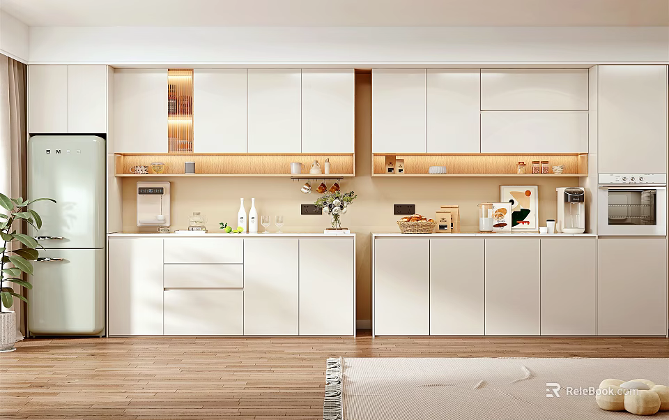 Modern Style Wine Cabinet With Glass Doors LED Lighting And Wine Bottles In Kitchen Interior 3d model 