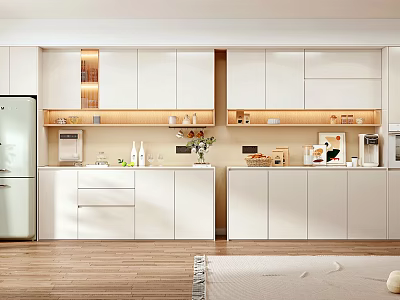 Modern Style Wine Cabinet With Glass Doors LED Lighting And Wine Bottles In Kitchen Interior 3d model