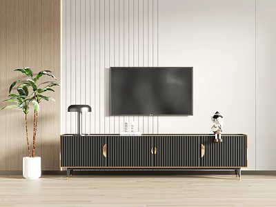 Black Vertical Striped TV Stand Featuring Gold Handles Legs TV Green Plant And Decorative Figurine 3d model